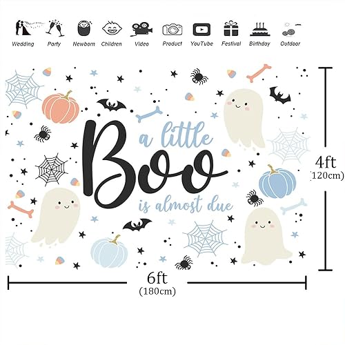 Miniatura 2 de Aperturee Telón de fondo de Halloween para baby shower de 6 x 4 pies, A Little Boo is Almost Due Calabaza azul, Calavera, telaraña, Murciélago,
