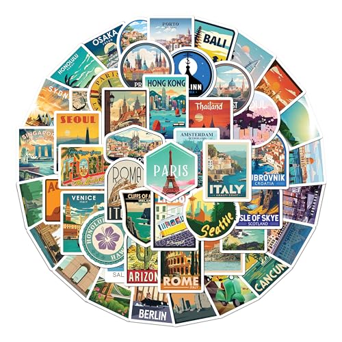 BEATRI World Travel Stickers 50Pcs Waterproof Vinyl Travel Map Stickers for Suitcase, Bicycle, Laptop, Water Bottle, Notebooks, Journaling, Scrapbooking (World Travel Stickers)