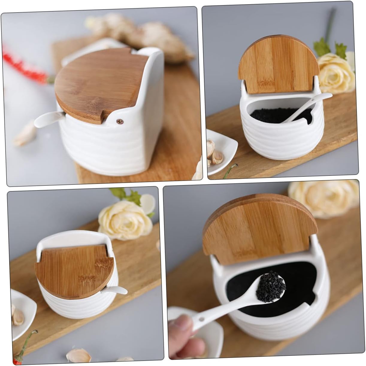 Spice Jar Condiment Spice Pot Seasoning Pots Kitchen Serving Canister Condiment Jars Ceramic Cruet Condiment Container Bottles Empty Jars Seasoning Box Wooden Semicircle (A
