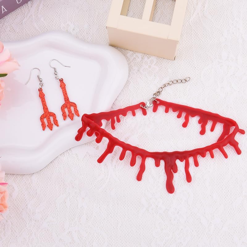 yaozeio Devil Halloween Gifts Necklace Earrings for Women Blood Drip Choker Necklace and Red Devil Pitchfork Earrings Set for Female Halloween Cosplay Earring Necklace Devil Costume Accessories - Image 3