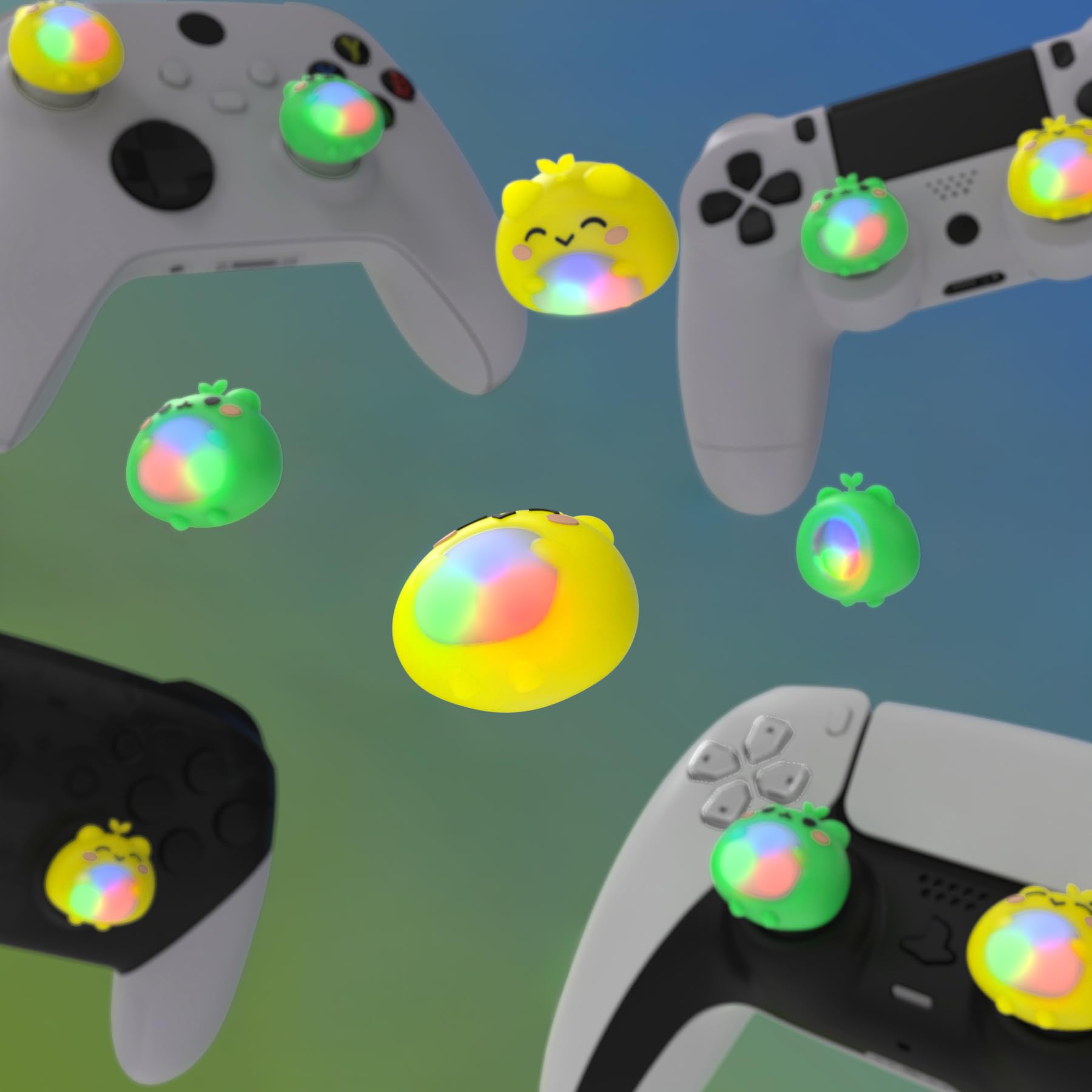 PlayVital LED Iluminados Agarres para el Pulgar - Tapas de Joystick para ps5/4, para Xbox Series X/S, para Xbox One, para Switch Pro, Cubiertas de Agarre con Diseño Divertido (Rana Verde & Amarillo)