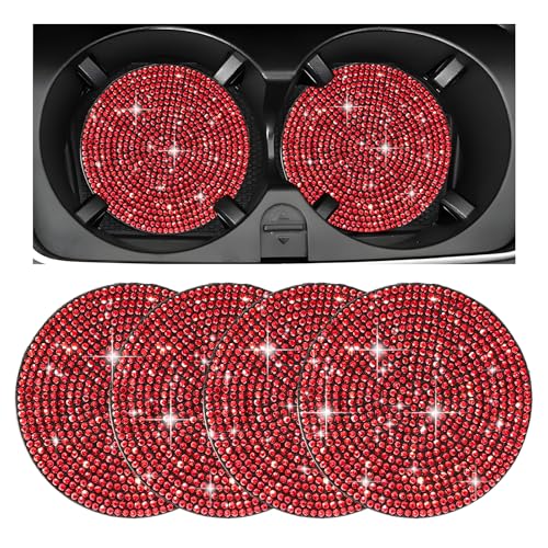 Xiqaler 4 PCS Bling Car Cup Holder Coaster, Rhinestone Anti-Slip Cup Holder Insert Shockproof Drink Mat, Crystal Automotive Cup Pad Interior Decoration for Women Girls (Red)