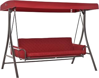 Outsunny 3 Person Porch Swing Bed, 2-in-1 Convertible Outdoor Patio Swing Chair Bench Hammock with Adjustable Canopy, Cushions, Pillows for Porch and Backyard, Red