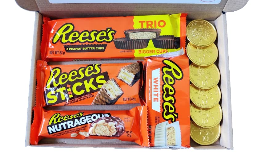 Reeses Chocolate and Gold Coin Gift Box | Reeces Chrismas Gold Coin Gift Box | Reese Peanut Butter Selection Gift Box Hamper | Stocking Filler | Reese's Secret Santa