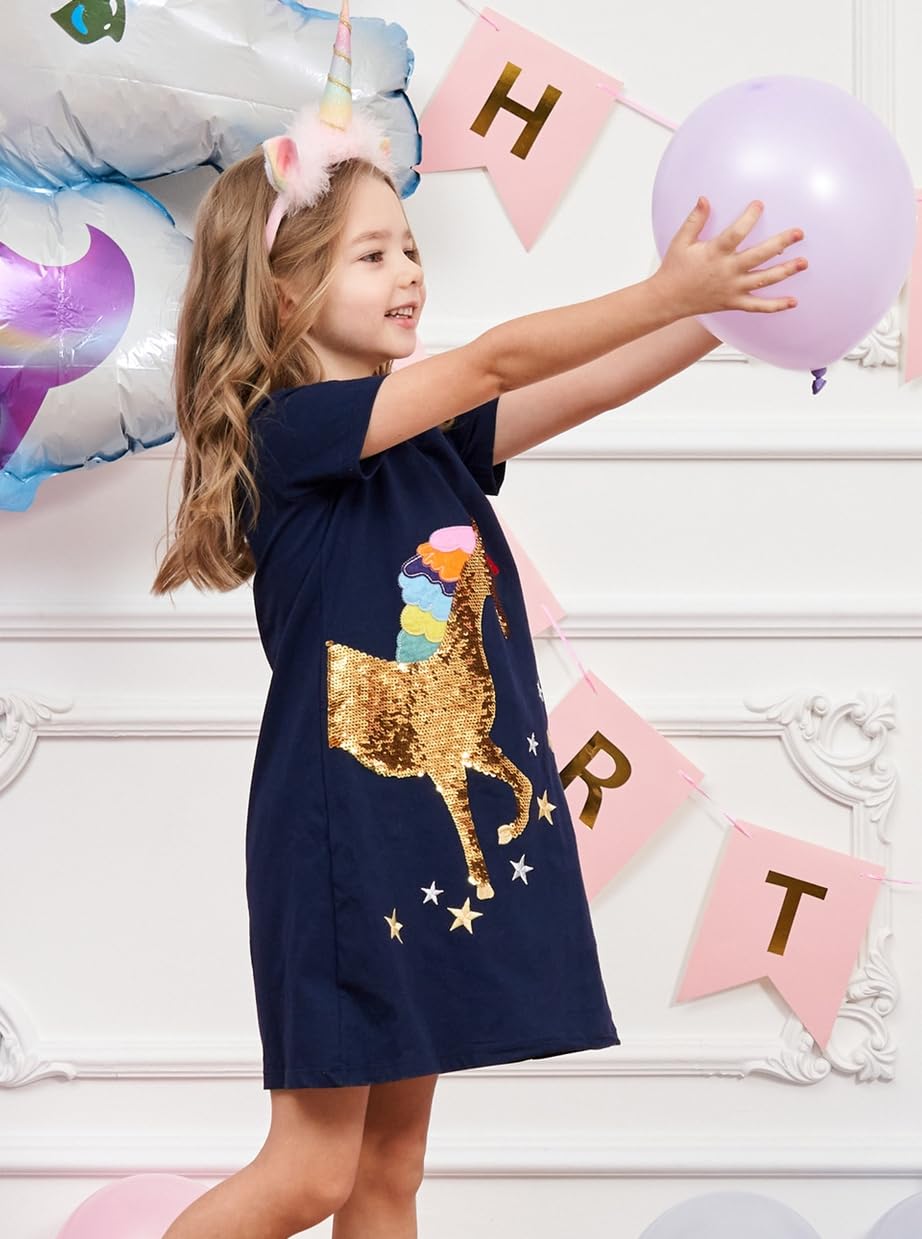 RETSUGO Vestito da bambina a trapezio carino unicorno arcobaleno modello manica corta casual bambina abiti per feste 1-8 anni
