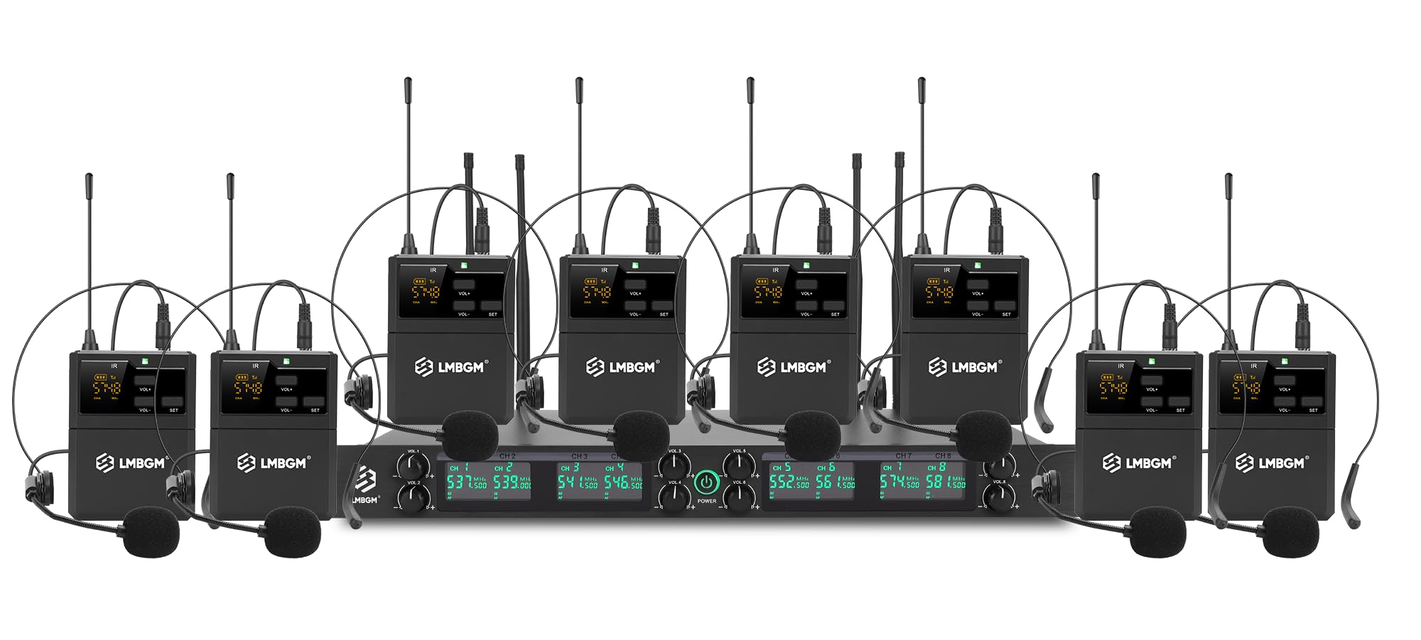 Front and rear view of the LMBGM K-26R 8-channel UHF wireless receiver, showing power input, XLR outputs, 6.35mm mix out, antenna interfaces, power switch, channel function buttons, and information display.