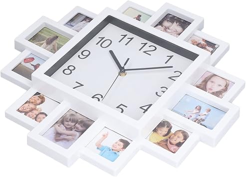 Lazmin112 15.35in White Photo Frame Wall Clock, Electronic Wall-Mounted Photo Frame Clock Make Your Own Multi Photo Clock for Home Decor