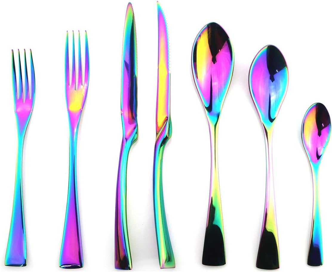 Gugrida Luxury 18/10 Stainless Steel Silverware Set, Knife Fork Spoons Set Serve for 4, 28-Piece (Mirror Poblished,Rainbow)