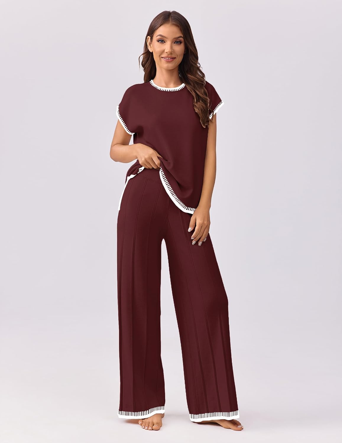 Ekouaer Womens Matching Sets Knit Sweater Sets 2 Pieces Outfits Pullover Tops Wide Legs Pants Lounge Set - Image 4