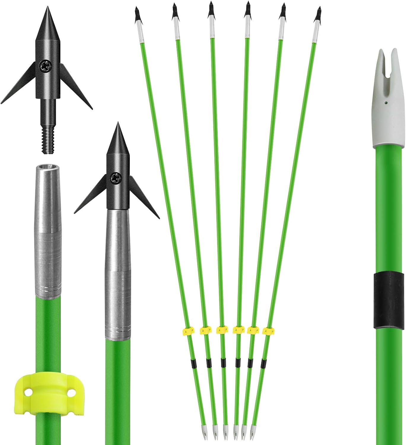 oubert 6/12 pcs 34 inch Green Bowfishing Arrows 8mm Solid Solid Fiberglass Shaft Bow Fishing Arrows with Replaceable Tips Archery Arrows for Compound Bow Recurve Bow Fishing and Hunting
