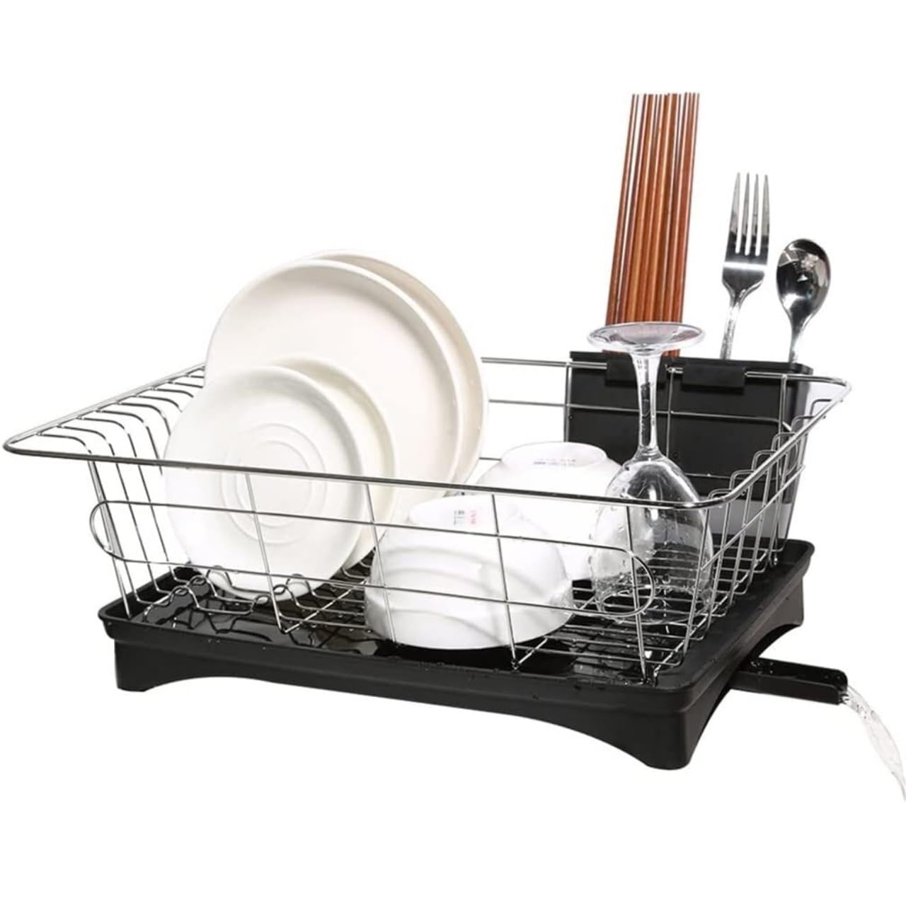 Scolapiatti con vassoio antigoccia, organizer per piatti e posate, bianco, 34,5 cm, salvaspazio, essenziale, facile asciugatura e organizzazione