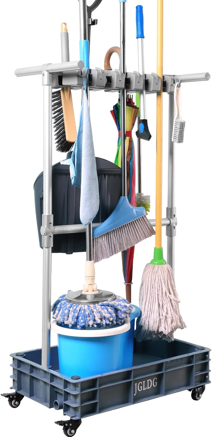 Mobile Mop and Broom Holder，Efficient Storage Solution for Cleaning Tools Keep Your Tools Handy and Organized