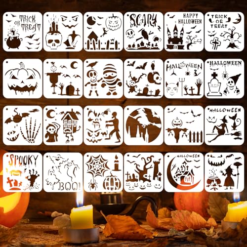 24 PCS Halloween Stencils for Painting Reusable Pumpkin Ghost Painting Templates for DIY Wood Wall Canvas Fabric Decors(5.7x5.7Inch)