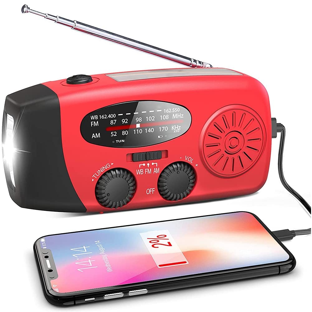 Portable Solar Weather Radio Hand Crank Radio 2000mAh with LED Flashlight,AM/FM/NOAA Emergency Weather Radio Solar Radio with Power Bank Phone Charger, USB Charged & Solar Power for Camping