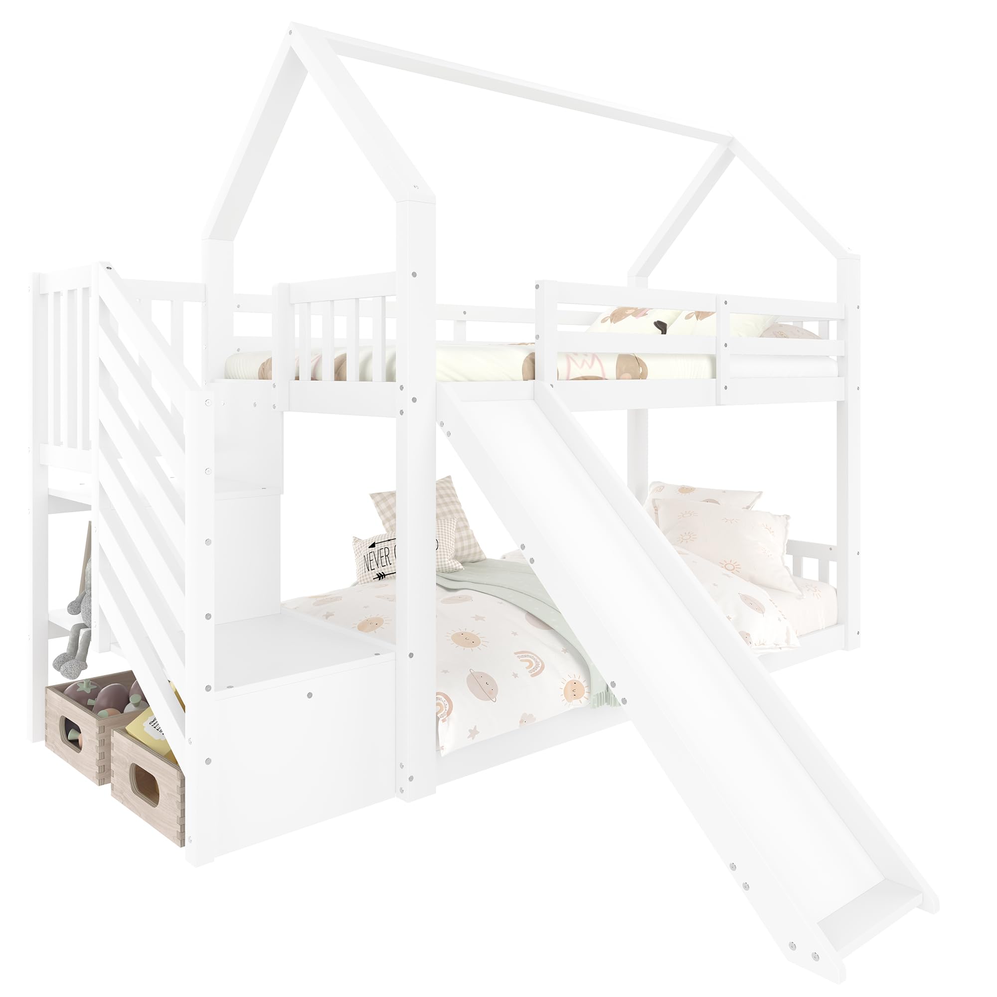 Azkoeesy Came Literas Infantil de 90 x 200 cm - Tobogán - Escaleras - Forma de Casa para niños o Adolescentes Blanco
