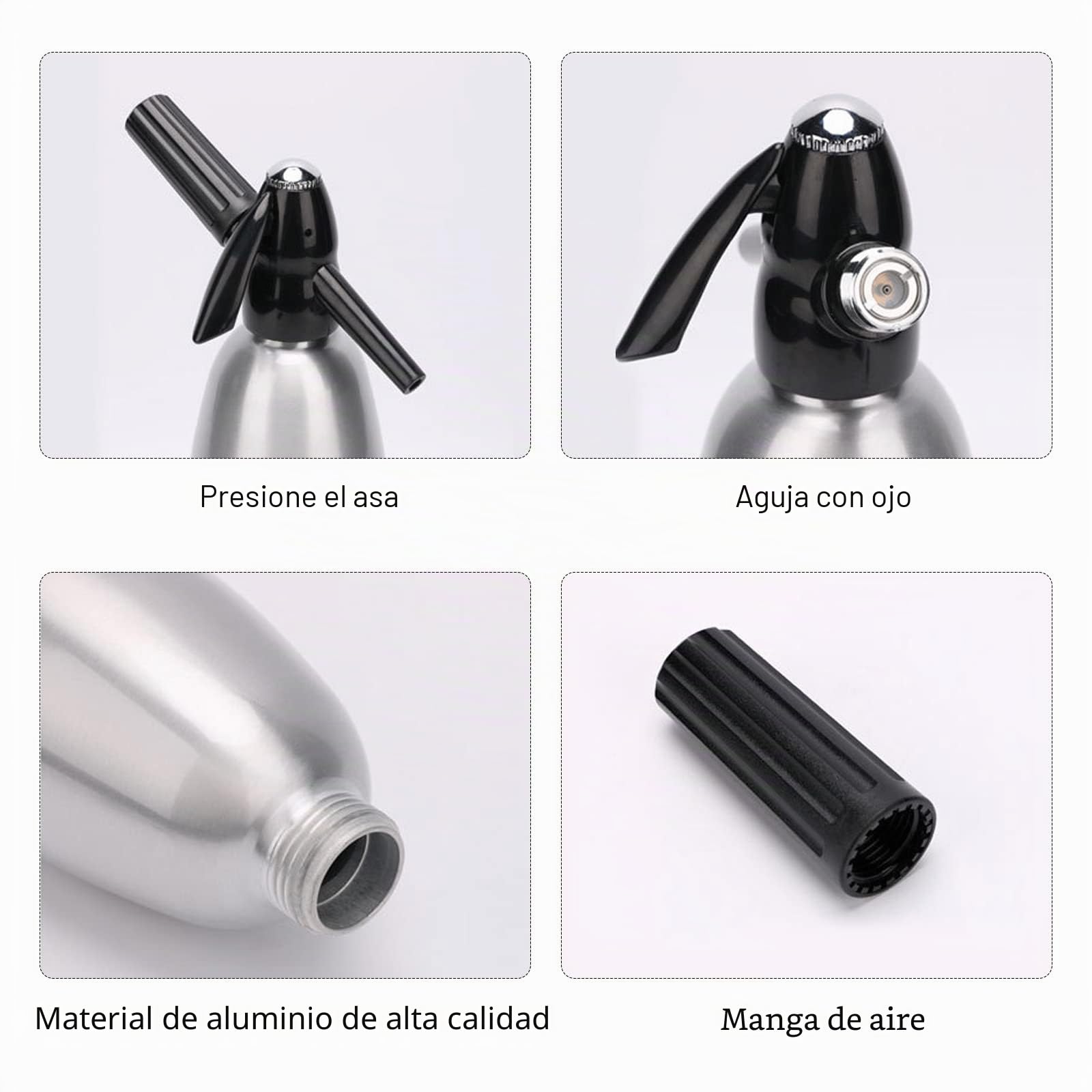 Sifón de Soda Manual 1L, Máquina para Hacer Agua con Gas de Aluminio, Sifón para Bebidas Carbonatadas, SIN Cápsulas CO2, Compatible con Cartuchos de 8g