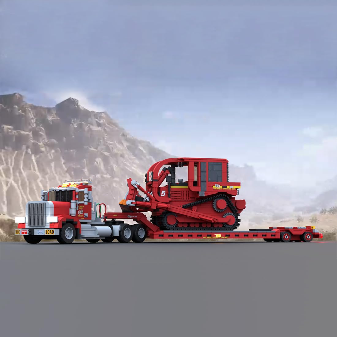 1803 Teile Schwerlast Tieflader Lkw Bausatz, Baumaschinen Transport Modell | mit Zugmaschine & Raupenbagger, glatte Bausteine + QR-Anleitung für Erwachsene & Sammler