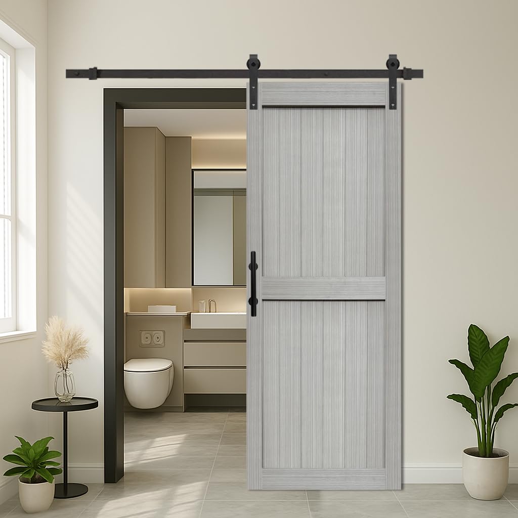S&Z TOPHAND® 32in x 84in MDF Light Gray Barn Door with 6.6FT Sliding Door Hardware Kit, 24-60in Solid Barn Door Slab Covered with Water-Proof PVC Surface, Simple Assembly is Required