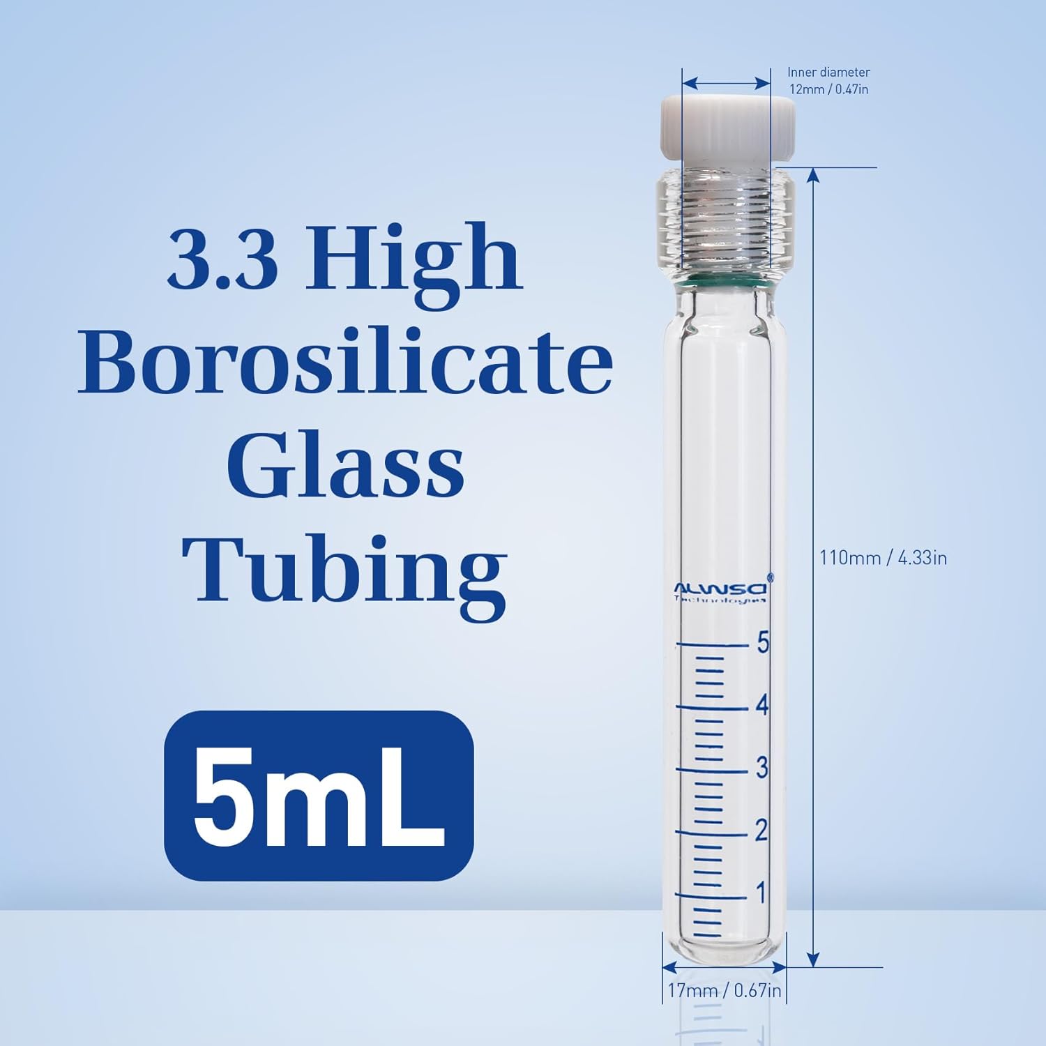 ALWSCI 5ml Heavy Wall Pressure Bottle, 3.3 Borosilicate, 17x110mm, Lab High Glass Pressure Vessel, Cylindrical with 12mm PTFE Thread Seal Plug