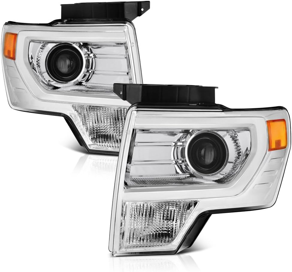 VIPMOTOZ Projector Headlight Assembly For 2009-2014 Ford F150 (Factory Halogen Model) - Metallic Chrome Housing, Driver and Passenger Side
