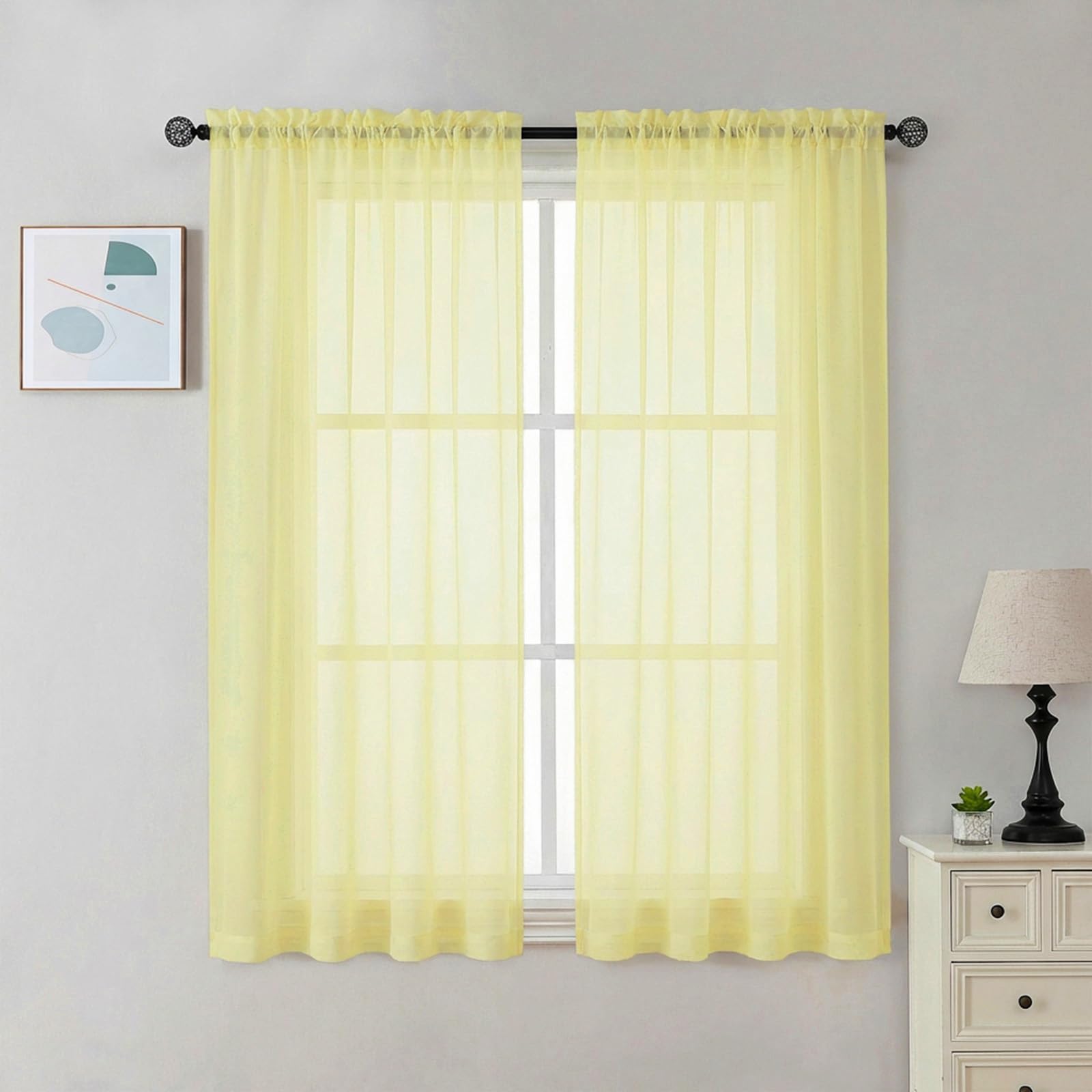 Chyhomenyc Sheer Curtains 54 Inch Long 2 Panels Set - Light Filtering Short Soft Airy Short Cafe Curtains, Modern Rod Pocket for Dinning Living Room Bedroom, 42Wx54L Inch, Light Yellow