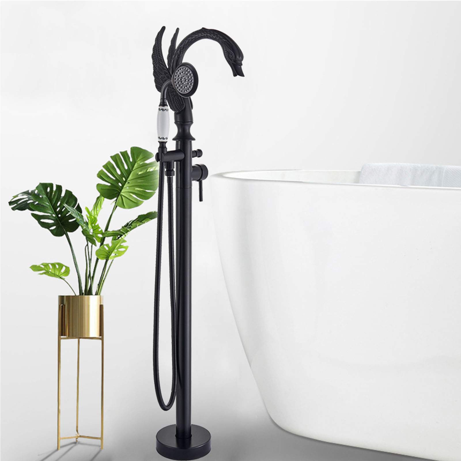 Grifo de bañera de pie, Grifo de bañera con caño Giratorio de una Sola manija con Ducha de Mano, Grifo de bañera de pie de latón, Bronce frotado con Aceite,