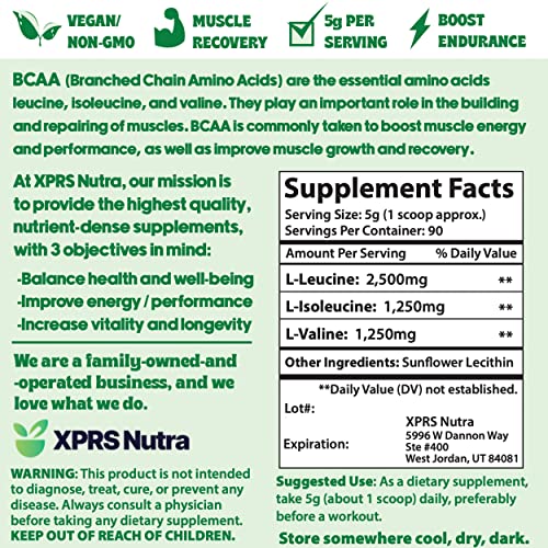 Xprs Nutra Bcaa Powder - Amino Acids Supplement For Men - Unflavored Bcaa Workout Supplements - Gym Supplements For Men - Amino Acids Supplement For Women For Gym Post Workout Recovery (1 Pound) #TOP6