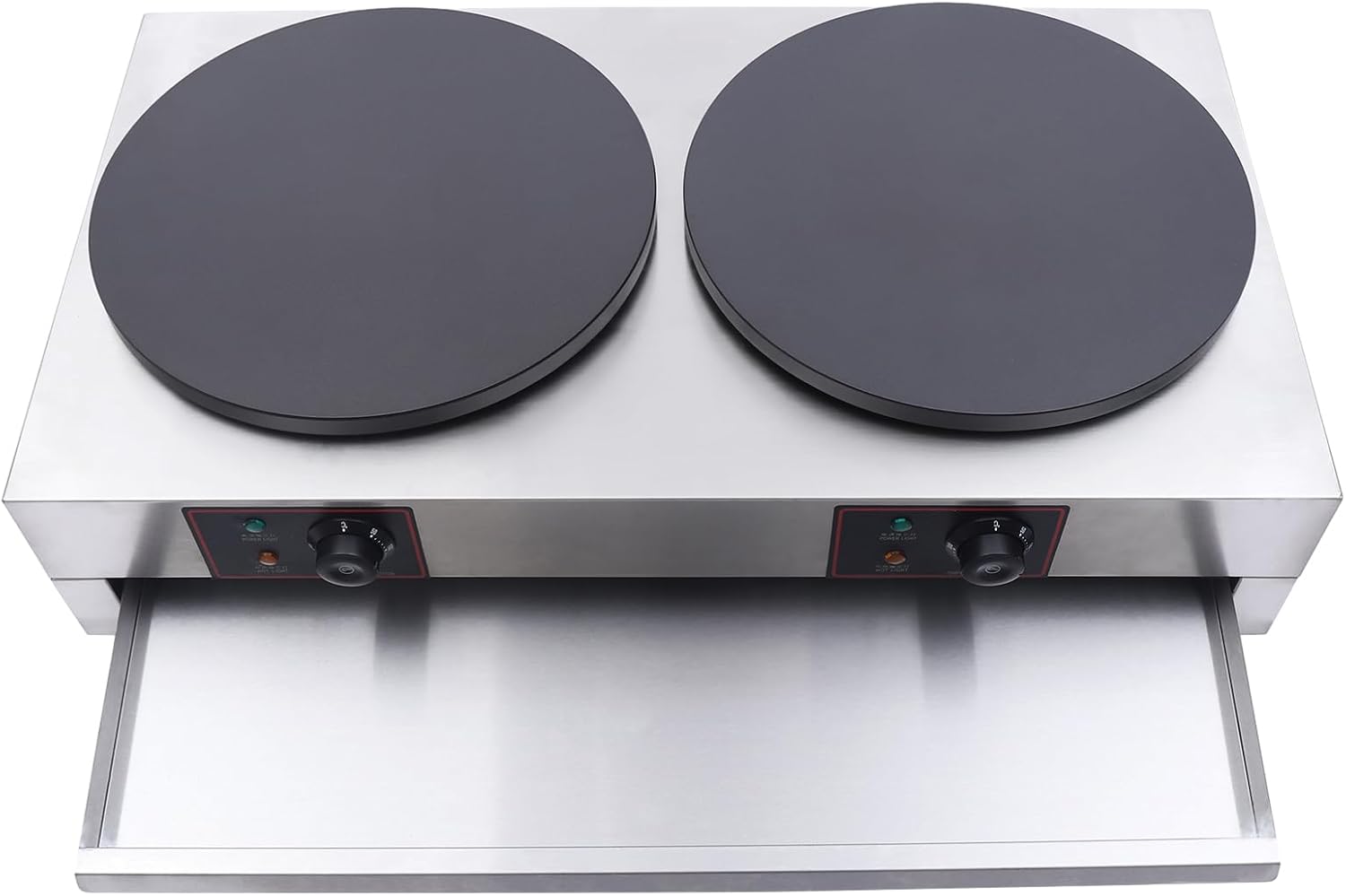 16" Commercial Dual-head Electric Crepe Maker Nonstick, 110V 3.4KW Commercial Dual Head Crepe Maker Griddle Stainless Steel Nonstick Electric Griddle with A Drawer Type Warmer for Restaurant, Snack