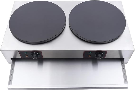 Commercial 2-Burner 15.75 Electric Griddle & Crepe Maker Machine Electric Crepe Maker with Adjustable Temperature forof crepes, pancakes, etc. ,Non-Stick Crepe Pan & Spatula