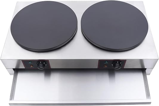 Commercial 2-Burner 15.75 Electric Griddle & Crepe Maker Machine Electric Crepe Maker with Adjustable Temperature forof crepes, pancakes, etc. ,Non-Stick Crepe Pan & Spatula