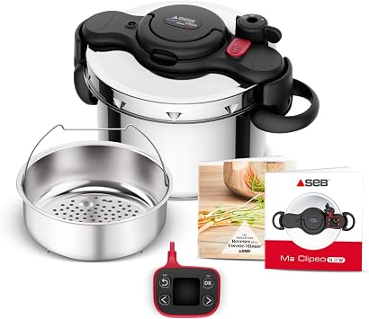 SEB Clipso Now+ Pressure Cooker 6 L, Perfect Cooking Results, Time Saving, Easy Opening, Smart Timer, Made in France, Folding Handles P4900750