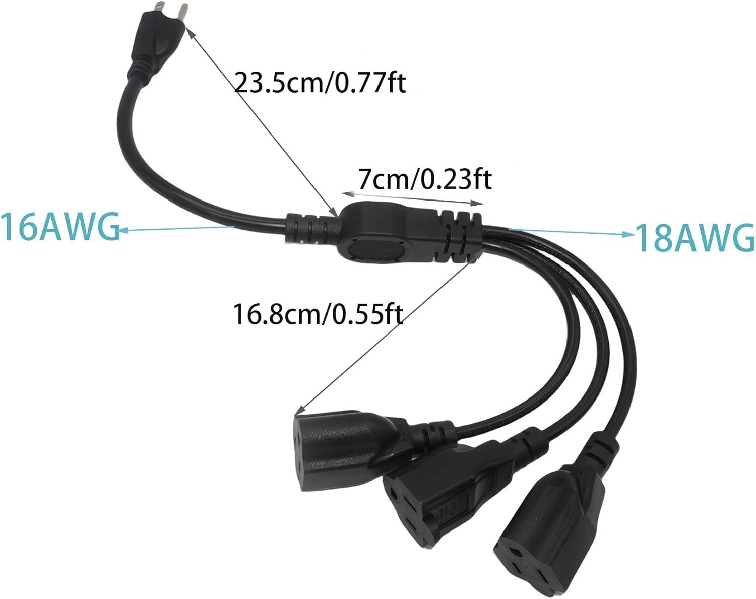1.6FT 3 Prong 1 to 3 Outlet Power Cord Splitter Cord, Indoor Cable Strip Outlet Saver,Power Extension Cord Cable, SJT 16AWG, UL Approved for Halloween Lights, Christmas Decorations, Computer, Black