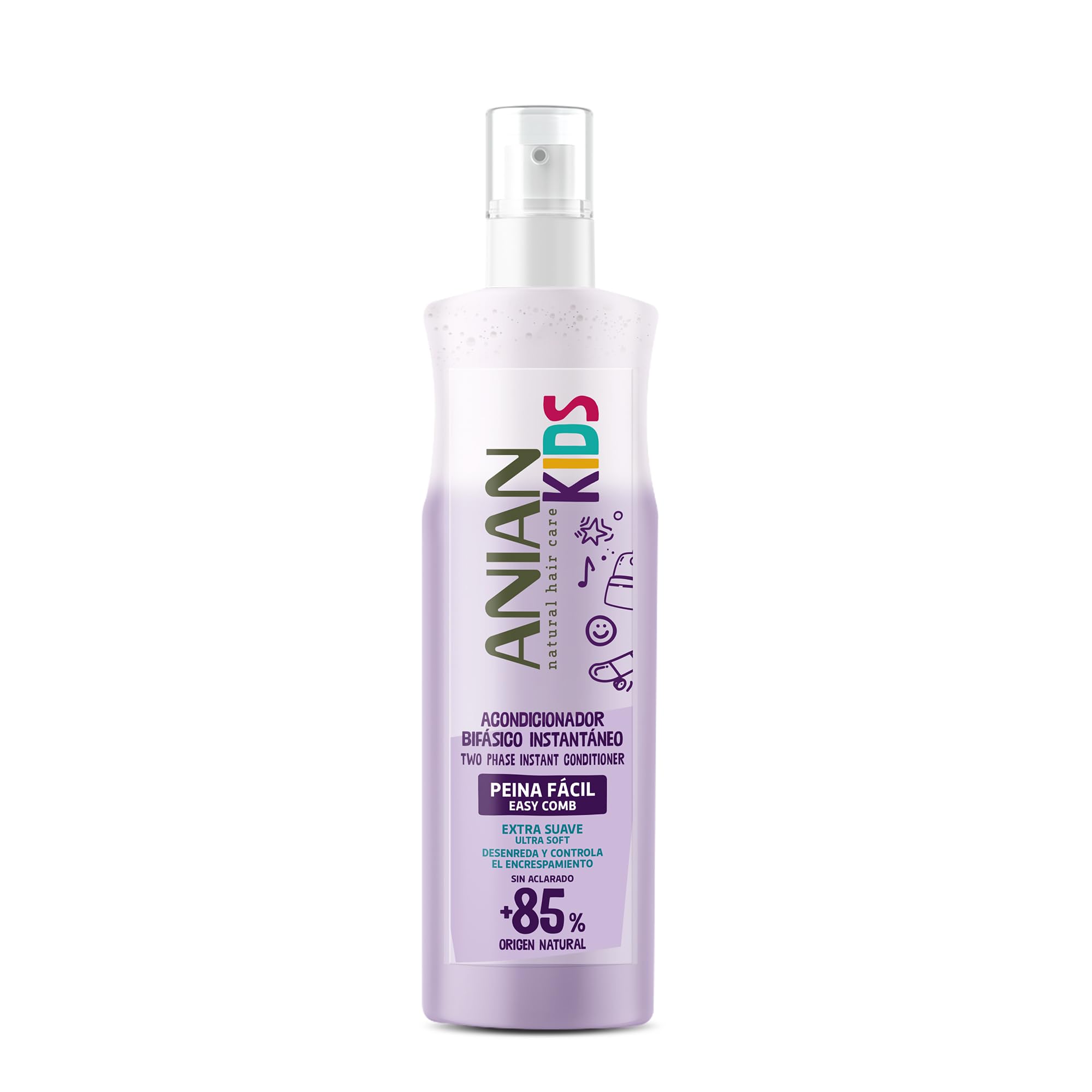 ANIAN KIDS - Acondicionador Bifásico Peina Fácil, 250 ml, Ideal para Niños, Acondicionador sin Aclarado, Desenreda y Facilita el Peinado, Suavidad y Brillo Instantáneo