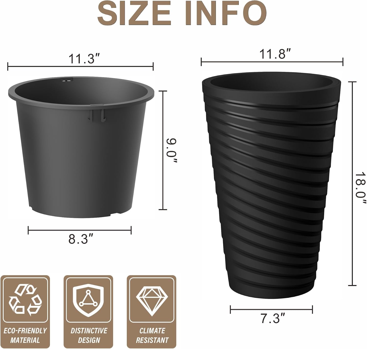 kante 18 inch tall planter set of 2, round spiral textured flower pots, decorative plant pots for outdoor indoor home garden patio (black) black-spiral 18" h