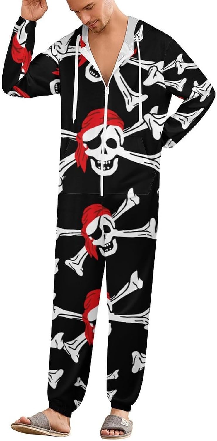 Skull Crossbones Pirates Flag Adult Pajamas Onesie with Hood Pocket Jumpsuits One Piece Sleepwear