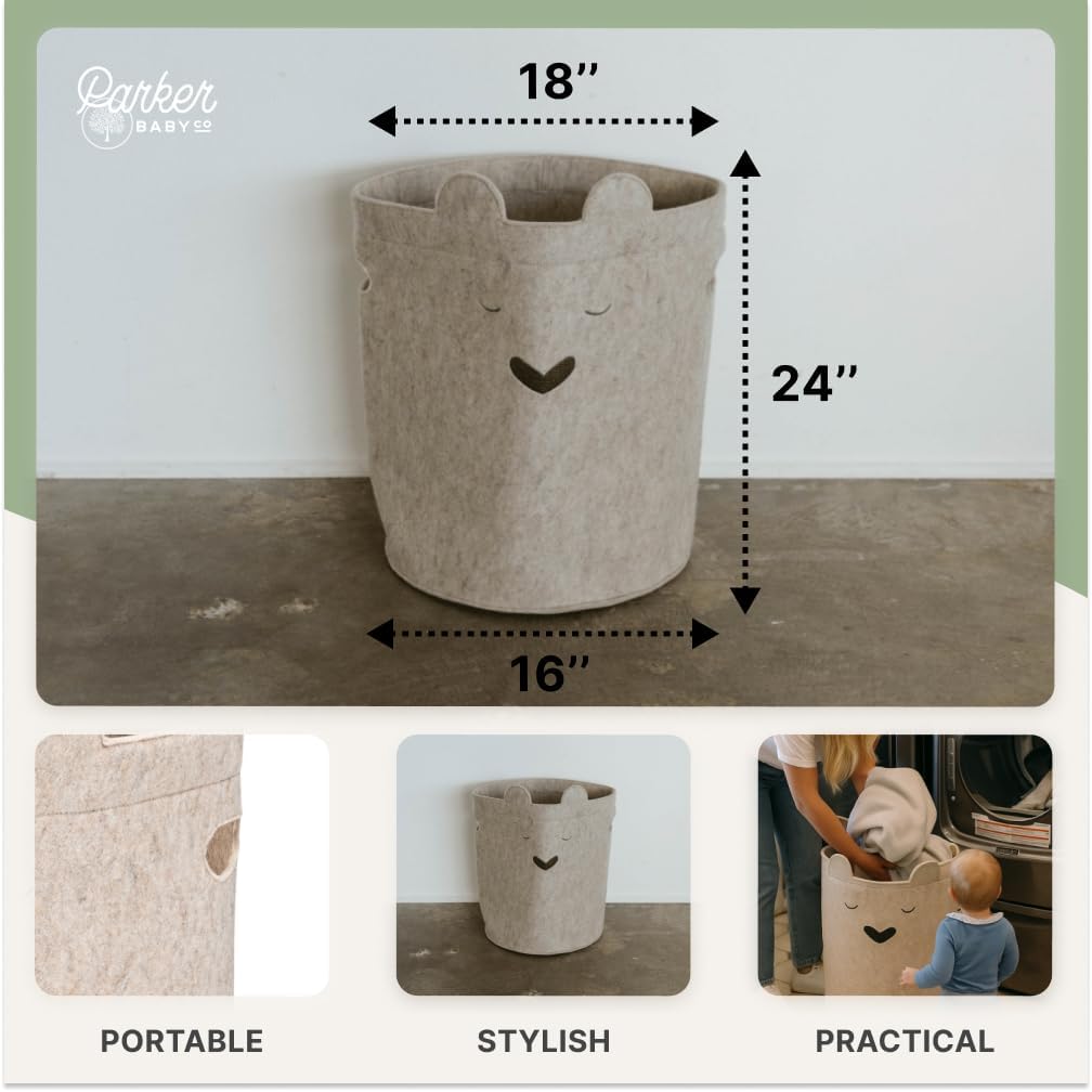 Parker Baby Bear Felt Laundry Hamper | Spacious & Collapsable Storage Basket for Nursery | Lightweight Laundry Hamper Basket with Flexible & Sturdy Handles | Neutral Colors & Fits Any Room