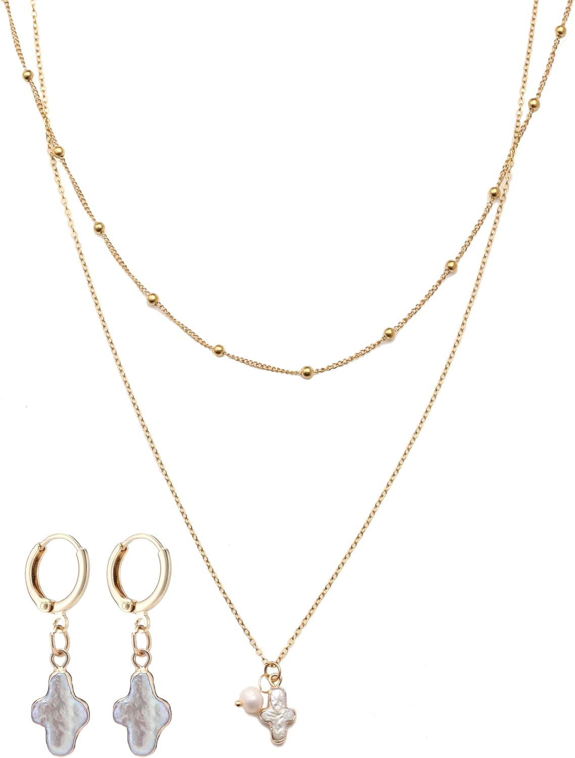 Nature Freshwater Pearl Cross Necklace Earring for Women, Gold Baroque Pearl Cross Dainty Layered Necklaces Jewelry Set Gift 