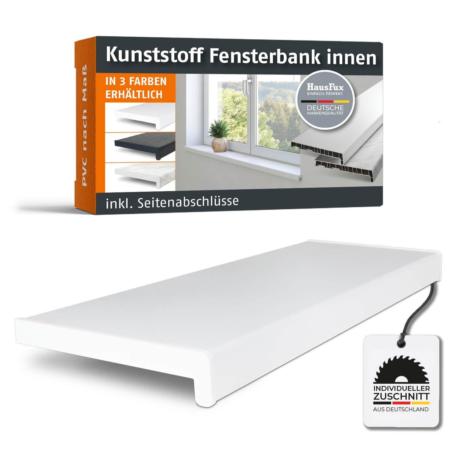 Fensterbank innen Kunststoff | PVC nach Maß inkl. Seitenabschlüsse (Weiß, T x L | 25 x 120 cm)