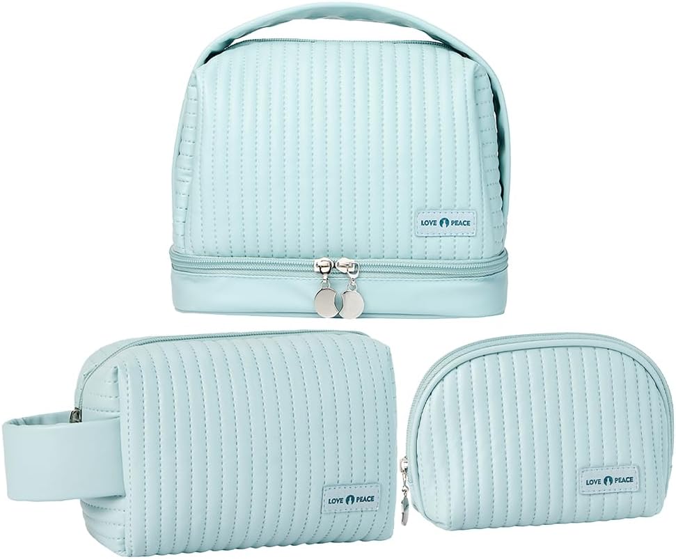 Makeup Bag Set of 3, Toiletry Bag for Women, Small Makeup Bag for Purse, Cute Quilted Cosmetic Bag for Travel, Gift for Women, Light Purple