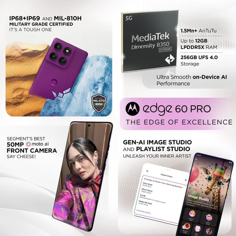 Image of Motorola Edge 60 Pro 5G (Pantone Sparkling Grape, 12GB RAM, 256GB Storage) | Dimensity 8350, 6.7 inch 1.5K 120Hz Display, 50MP Triple Camera, 6000mAh Battery, 90W TurboPower, IP68 /IP69