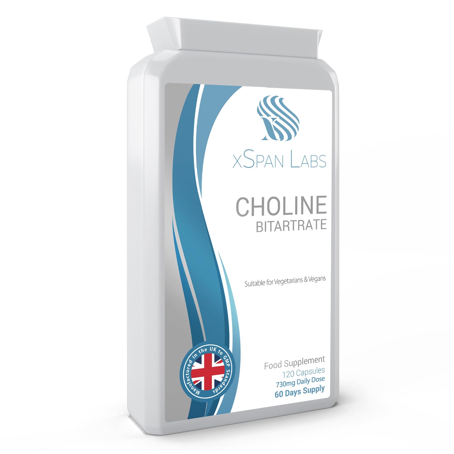 Choline Bitartrate 730mg Daily Dosage, 120 Vegan Choline Capsules - Helps to Maintain Normal Liver Function - No GMOs, Dairy, or Gluten - Made in The UK in Accordance with The GMP Code of Practice