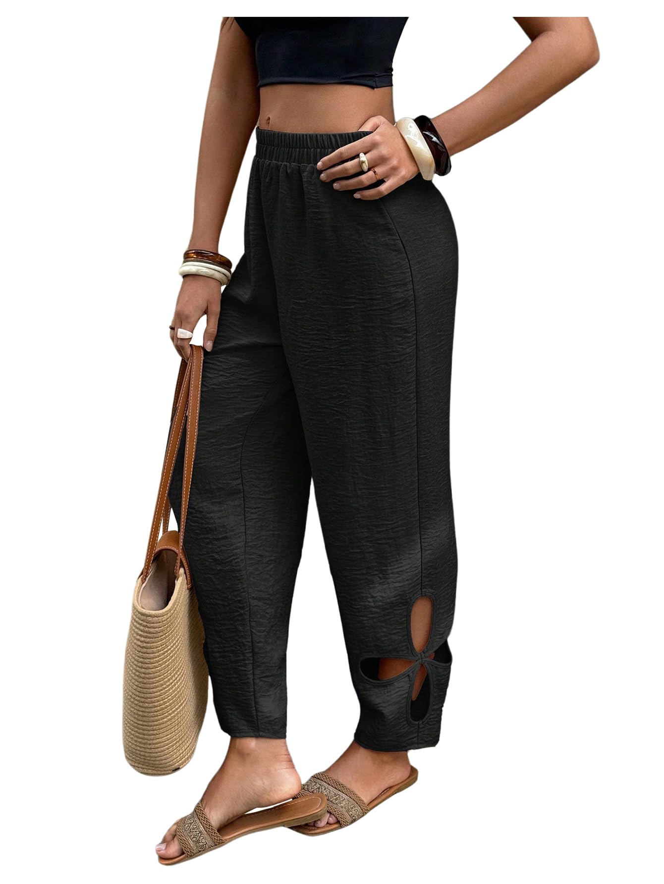 Floerns Womens Floral Cut Out Boho Pants Elastic Waist Vacation Casual Trousers