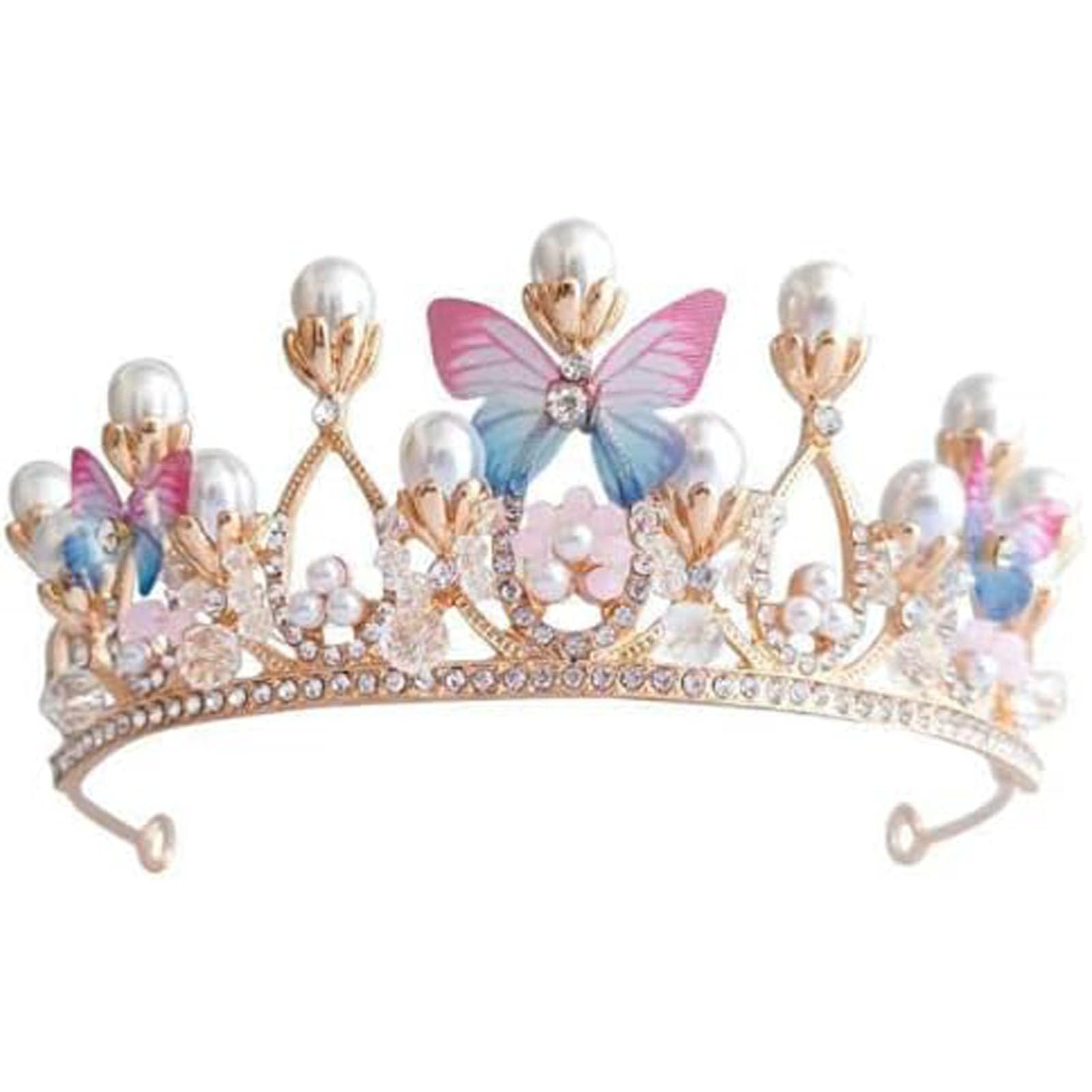 Tazweeq Princess Tiaras for Girls, Butterfly Princess Crown with Pearl Headband Rhinestone Hair Accessories, Wedding Bridal Prom Birthday Party Dress Up Gift, Gold