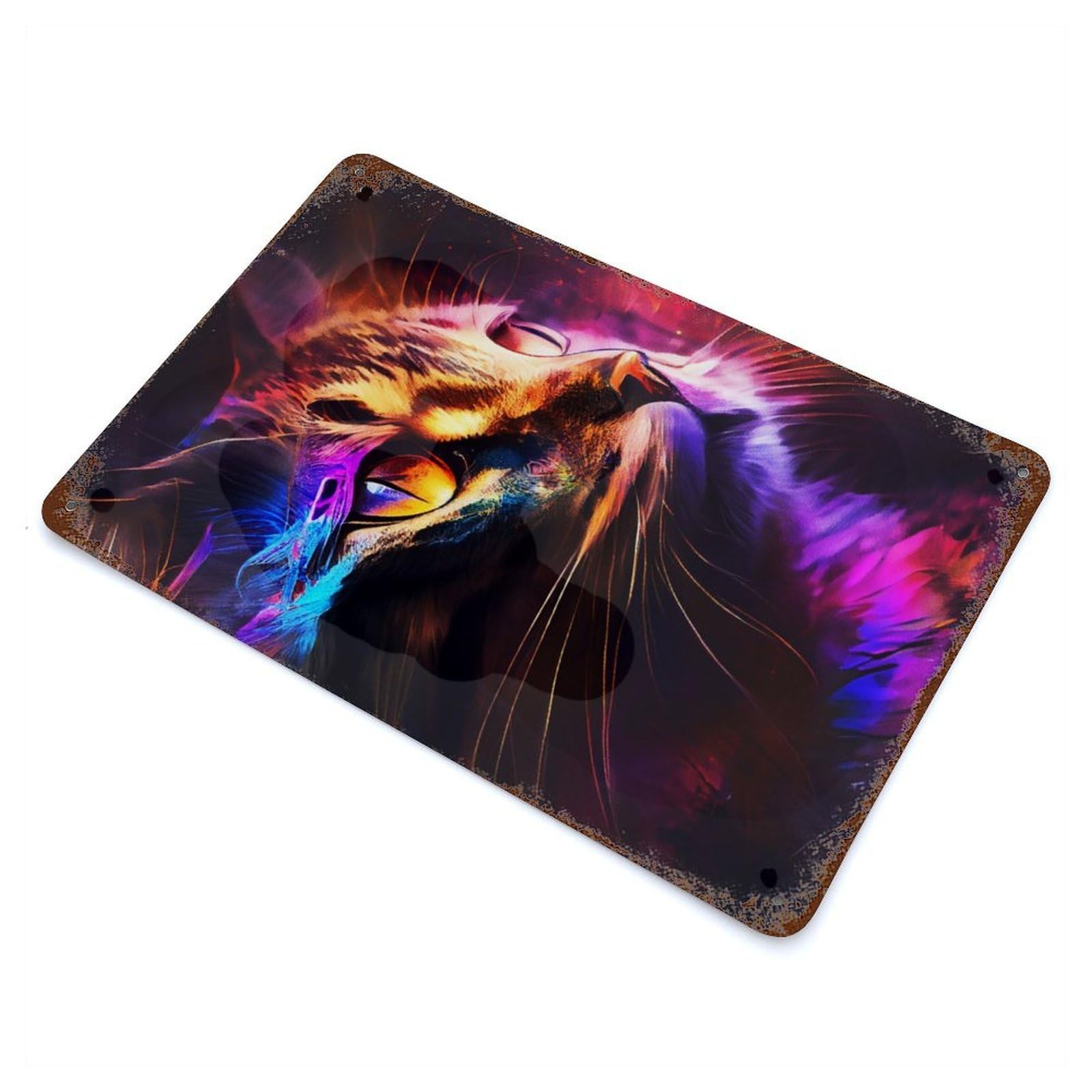 Decorative Tin Sign with Paint Aura Cat Design 11.8"x7.9", for Garage, Bar And Workshop Decor, Farmhouse Wall Decor