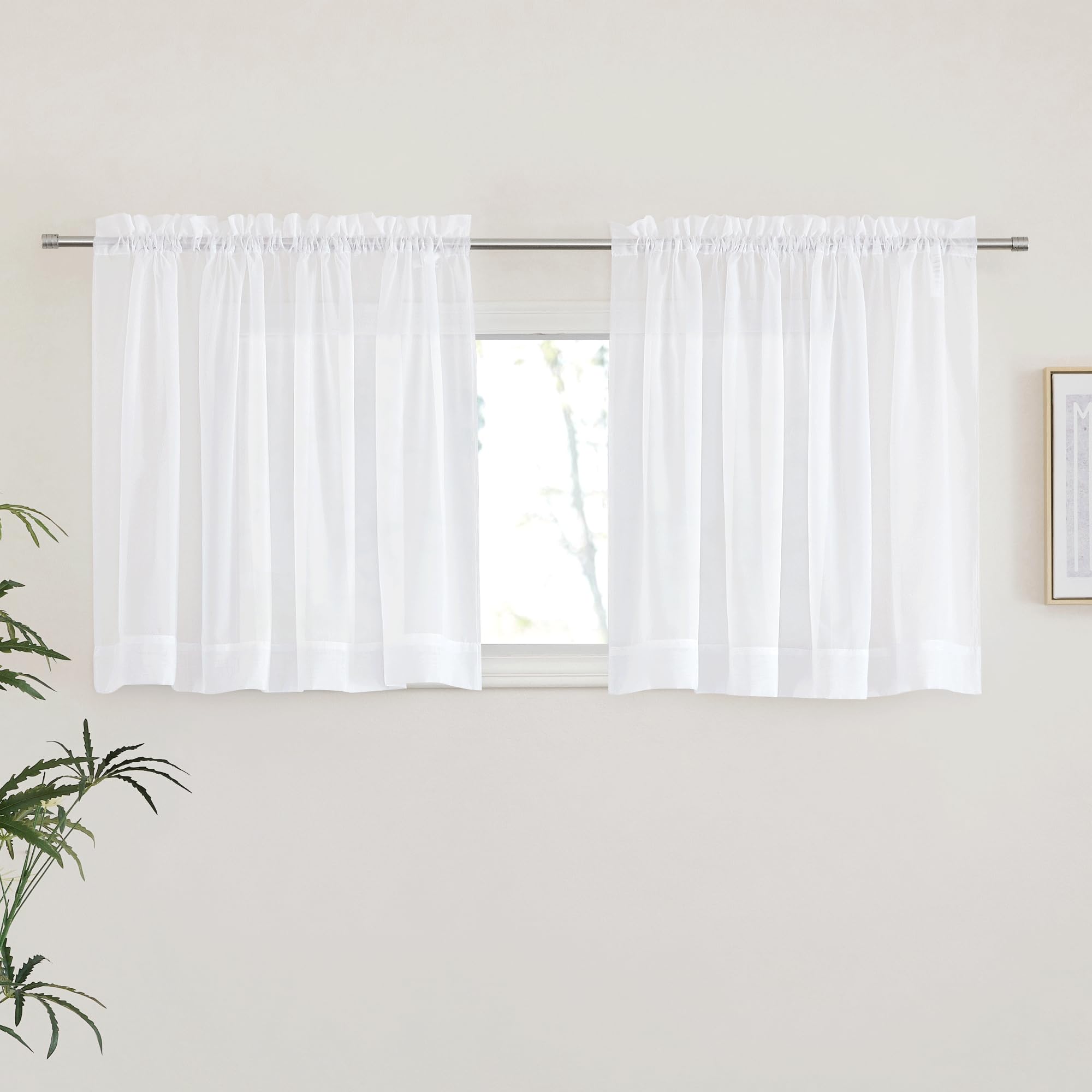 NICETOWN White Short Kitchen Curtains 30 inches Long, Dual Rod Pockets Soft Voile Sheer Elegant &amp; Airy Small Window Treatments for Bedroom/Kitchen, 2 Panels, W60 x L30