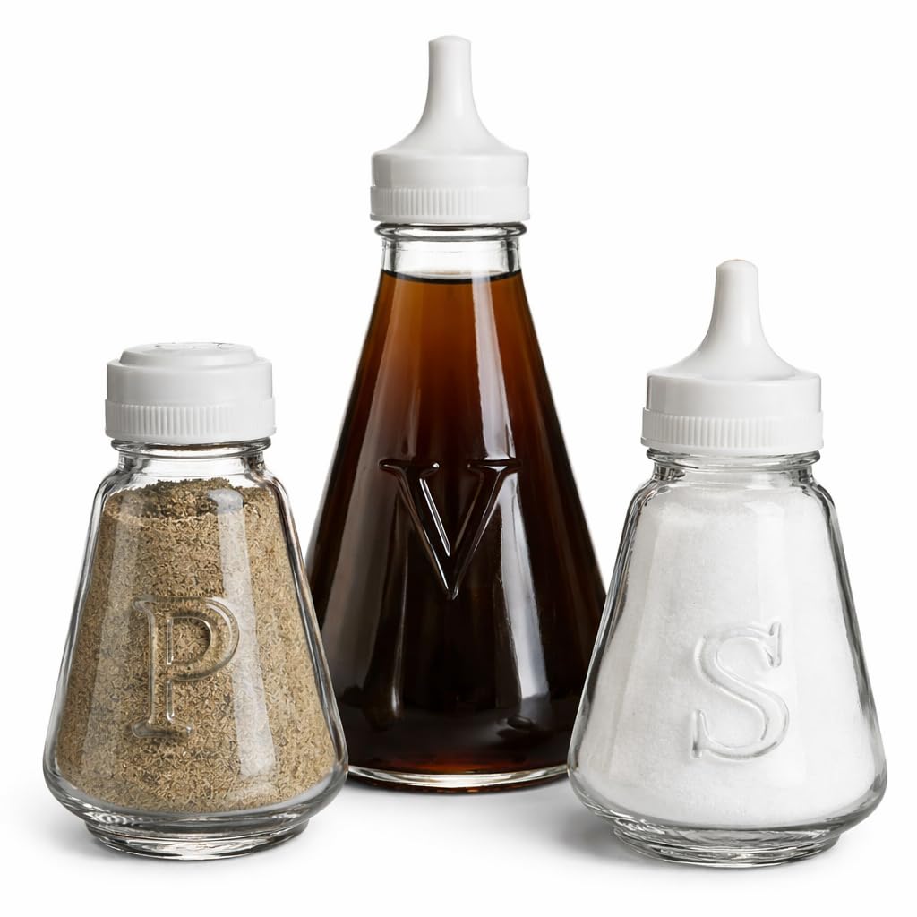 Glass Salt Pepper Vinegar Set with Lids – Clear Refillable Salt, Pepper & Vinegar Pots with Embossed S, P & V – Durable Seasoning Bottles for Kitchen