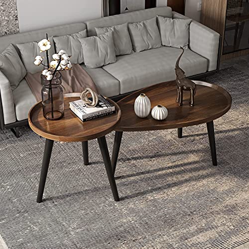 Wooden Nesting Coffee Table Nightstand 1 Set Round Oval Small Space Sofa Side Table Nordic Light Living Room Simple Modern Home Combination Small Table Easy Assembly(Walnut Color) #TOP1