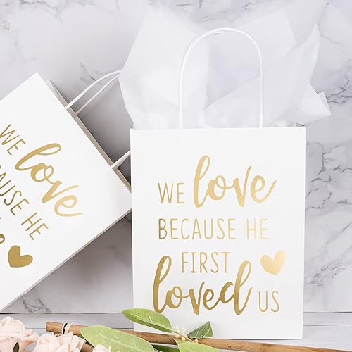 Miniatura 4 de WRAPAHOLIC Bolsas de regalo de tamaño mediano papel de aluminio dorado We Love Because He First Loved Us bolsas de papel blanco con asas para los