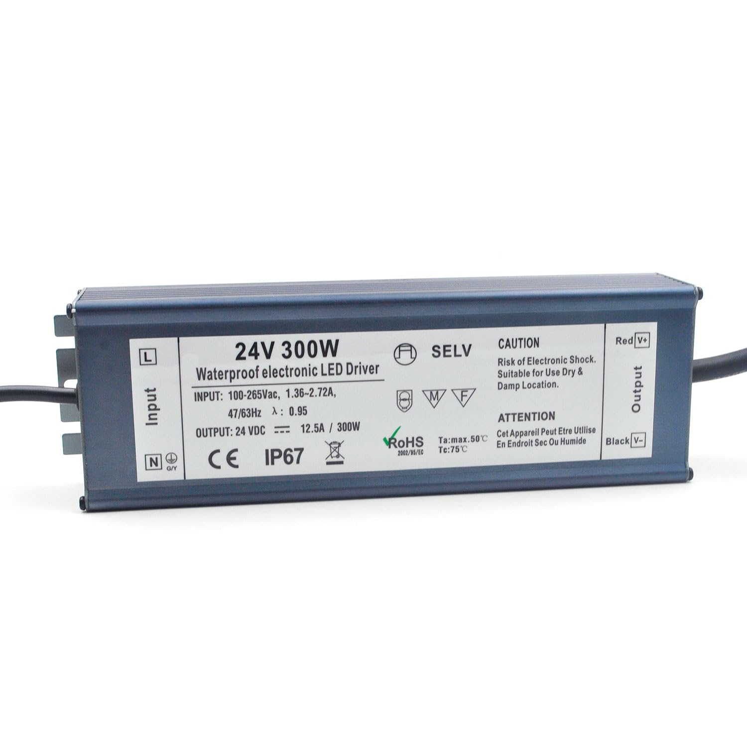 LED Driver 24V 300W Waterproof IP67 Power Supply Transformer, 100-265V AC to 24V DC Low Voltage Output, LED Transformer with 3-Prong Plug Cable for LED Light, Computer Project, Outdoor Light