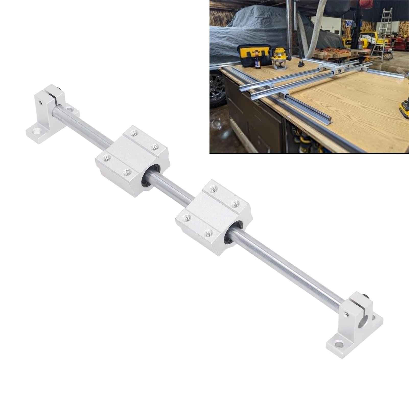 4 roulements à billes à mouvement linéaire avec 2 tiges d’arbre en métal, kit de montage de support pour bloc coulissant pour machine-outil CNC, ensemble de roulements à rail linéa (Jeu d'arbres